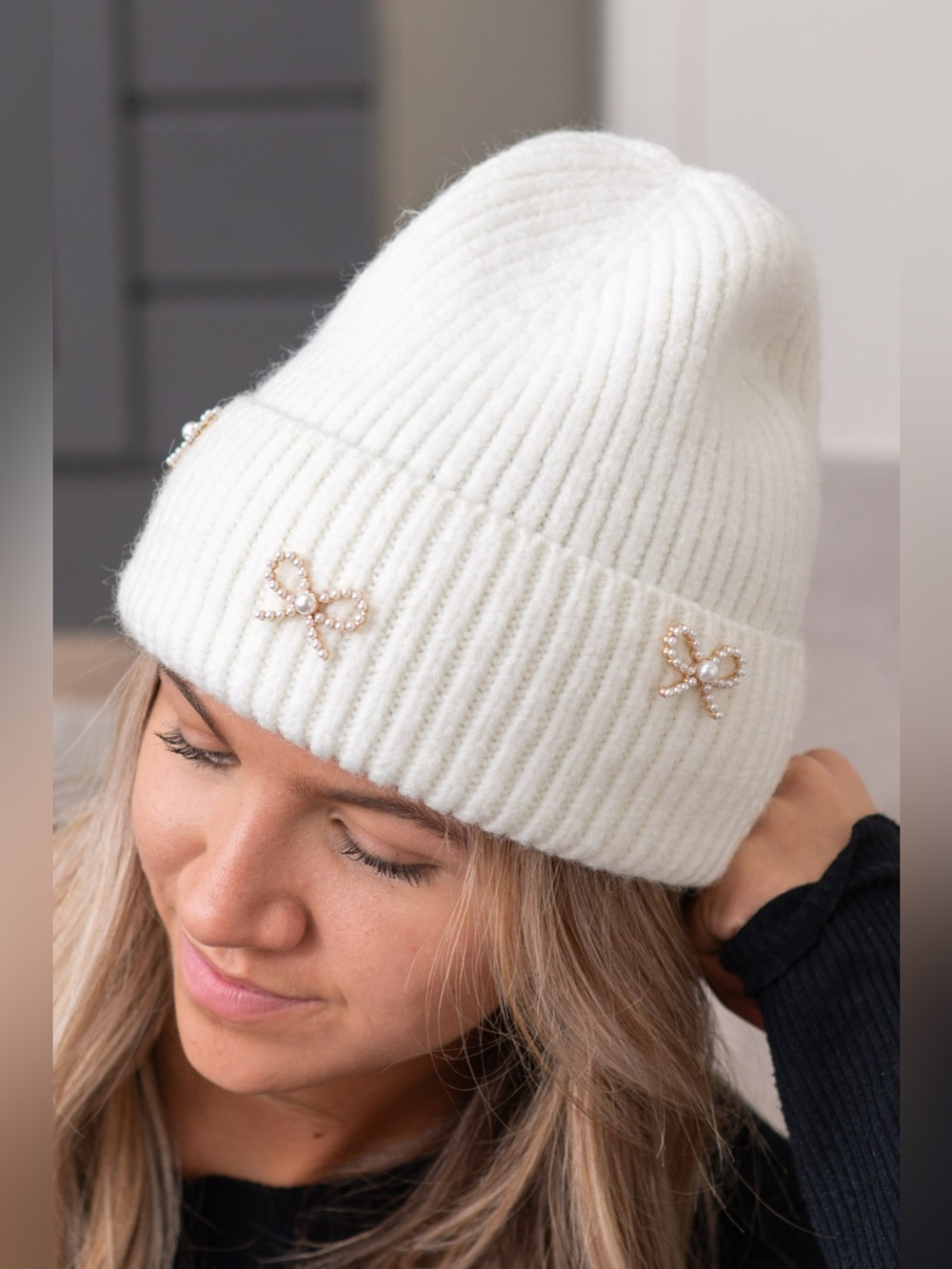 C.C Ivory Pearl Bow Charm Cuff Beanie